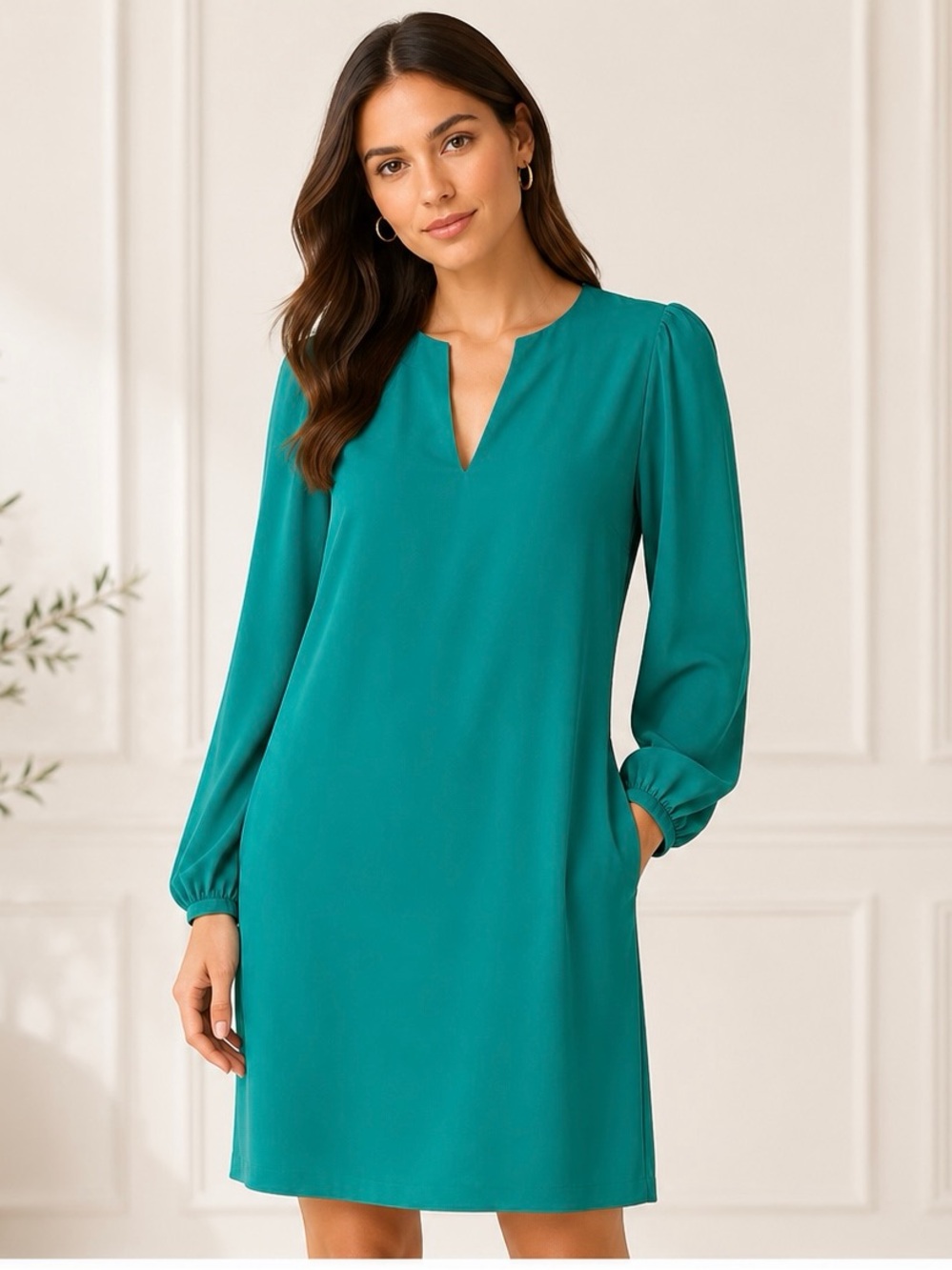 09. Tinley Road Teal Long-Sleeve V-Neck Shift Dress